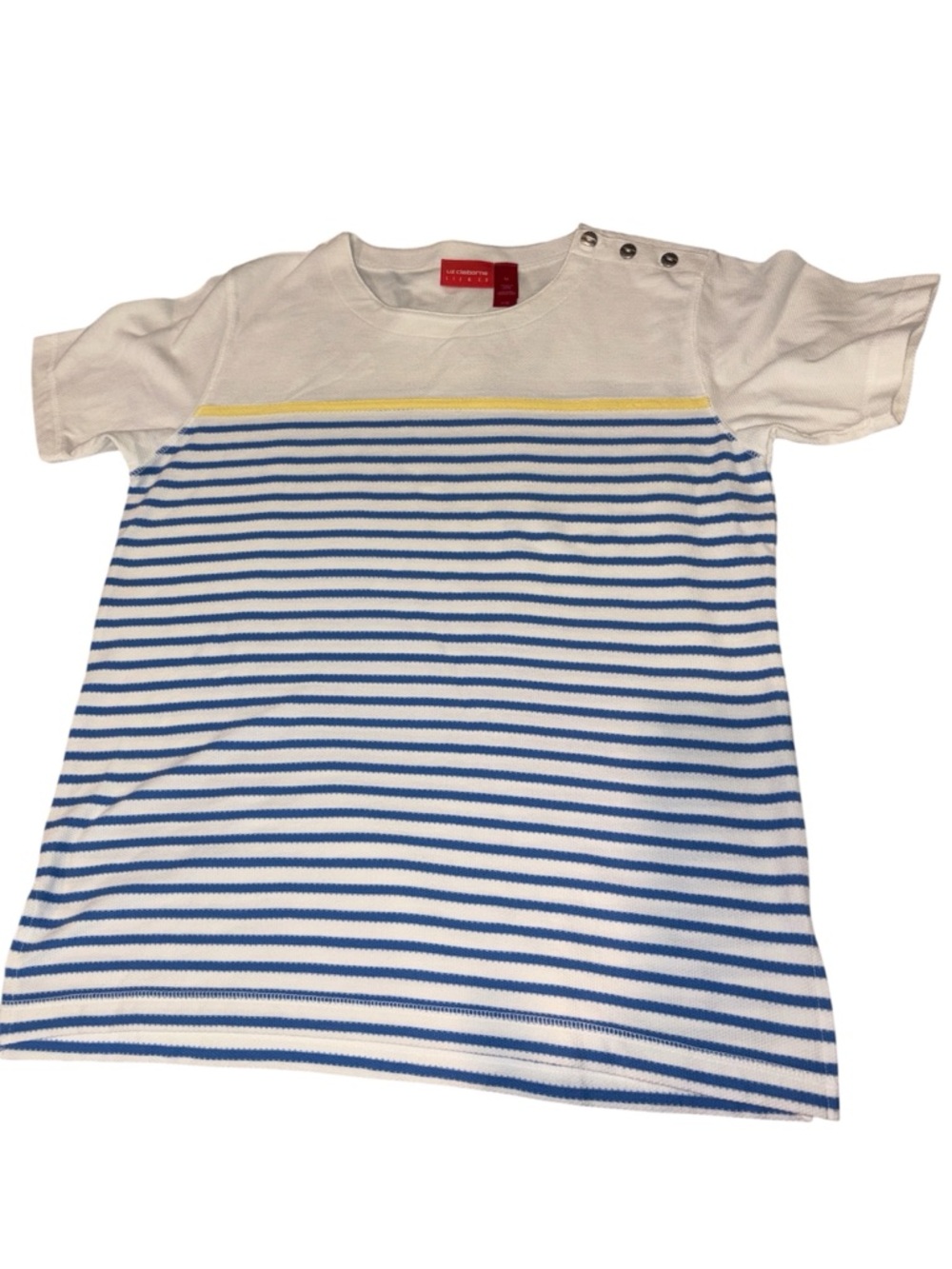 Liz Claiborne White & Blue Striped Short Sleeve Top with Yellow Accent